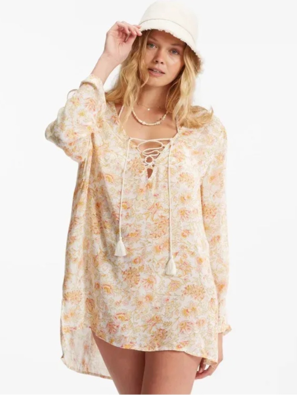 BILLABONG Blue Skies Gauze Beach Cover Up in White/Multi - Size L - Like New